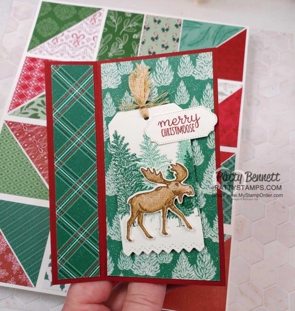Super Easy Fun Fold card idea featuring Stampin' UP! Moose Punch and Tis the Season Designer paper, by Patty Bennett, www.PattyStamps.com