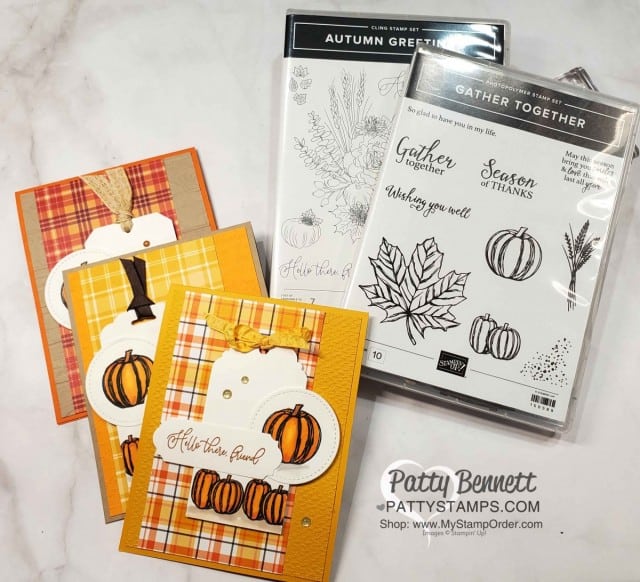 Fall Pumpkin Card ideas featuring Plaid Tidings designer paper, Gather Together and Autumn Greetings stamp sets, by Patty Bennett www.PattyStamps.com