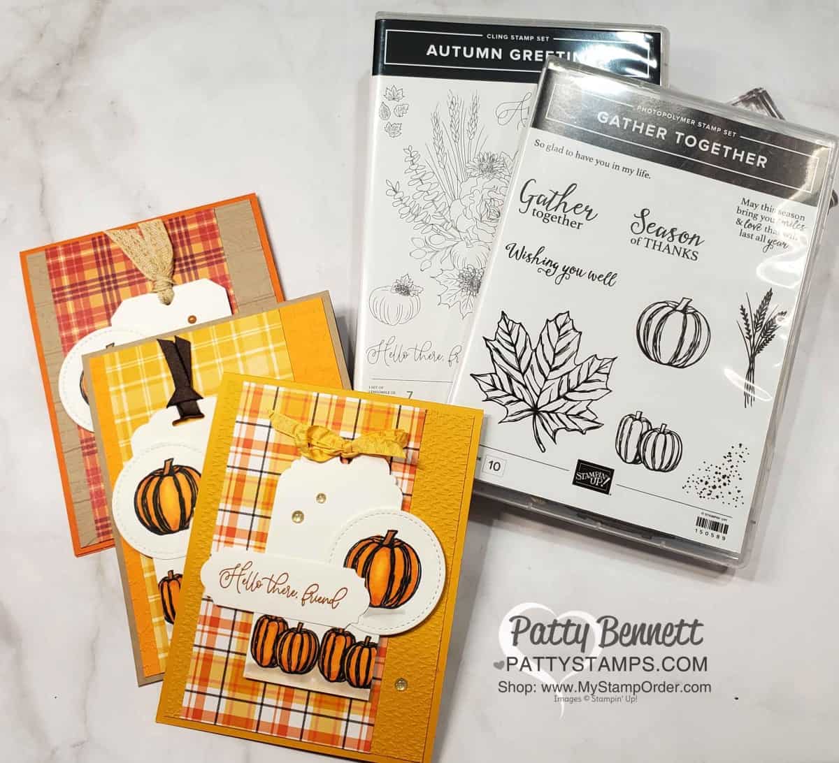 Fall Pumpkin Card ideas featuring Plaid Tidings designer paper, Gather Together and Autumn Greetings stamp sets, by Patty Bennett www.PattyStamps.com