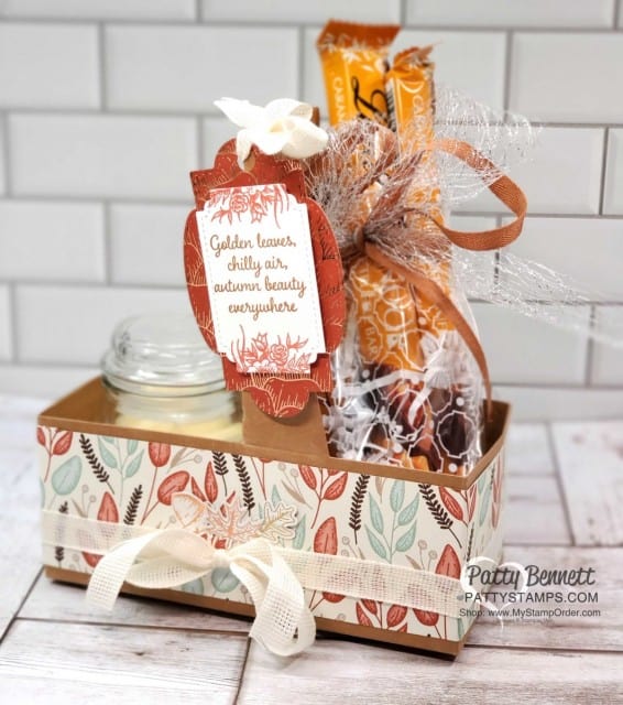Coffee Cup Holder from Stampin UP! with Gilded Autumn paper, great Thanksgiving hostess idea with candle and Lindt chocolate treats in mosaic cello bag. www.PattyStamps.com
