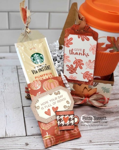 Coffee Cup Holder from Stampin UP! with Gilded Autumn paper, Pumpkin Spice Latte treat and fall mug. www.PattyStamps.com