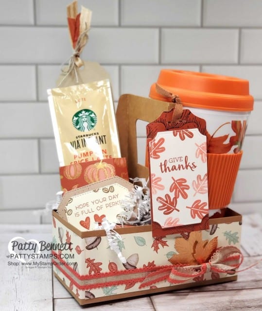 Coffee Cup Holder from Stampin UP! with Gilded Autumn paper, Pumpkin Spice Latte treat and fall mug. www.PattyStamps.com