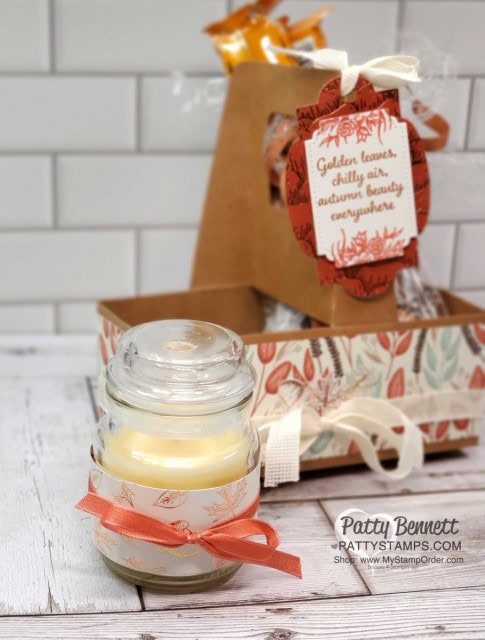 Coffee Cup Holder from Stampin UP! with Gilded Autumn paper, great Thanksgiving hostess idea with candle and Lindt chocolate treats in mosaic cello bag. www.PattyStamps.com