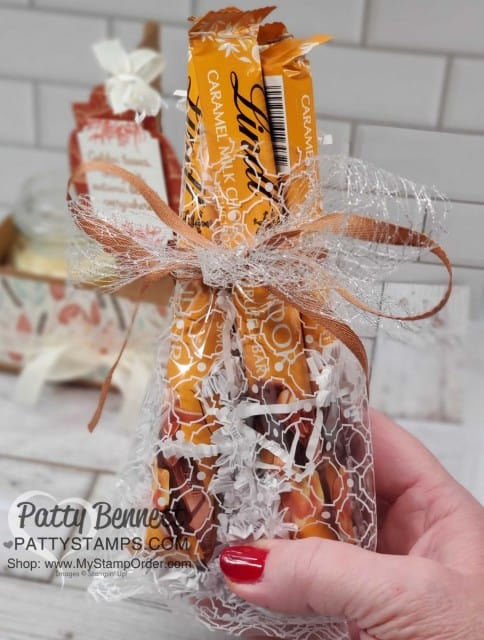 Coffee Cup Holder from Stampin UP! with Gilded Autumn paper, great Thanksgiving hostess idea with candle and Lindt chocolate treats in mosaic cello bag. www.PattyStamps.com