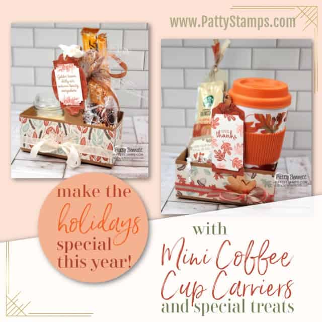 Mini Coffee Cup Holder from Stampin UP! with Gilded Autumn paper, great Thanksgiving hostess idea with candle and Lindt chocolate treats in mosaic cello bag. www.PattyStamps.com