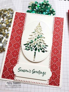 Christmas Card Idea: Shaker Cards featuring Stampin' UP! In the Pines bundle, sequins and Heartwarming Hugs designer paper by Patty Bennett www.PattyStamps.com