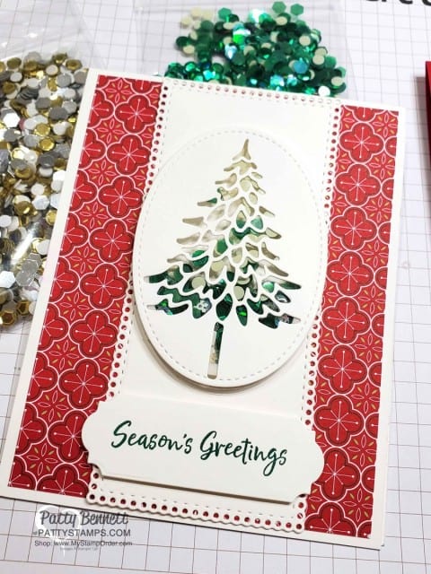 Christmas Card Idea: Shaker Cards featuring Stampin' UP! In the Pines bundle, sequins and Heartwarming Hugs designer paper by Patty Bennett www.PattyStamps.com