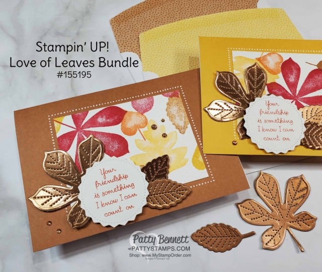 Stampin' Up! Love of Leaves bundle fall card idea featuring Tasteful Textile embossing folder and Flowers for Every Season Memories & More card bases and envelopes. www.PattyStamps.com