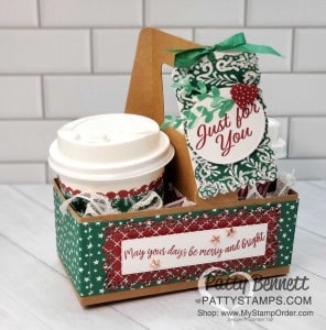 Mini Coffee Cup Carrier from Stampin' Up! with Classic Christmas designer paper and Curvy Celebrations bundle and mini coffee cups. by Patty Bennett www.PattyStamps.com