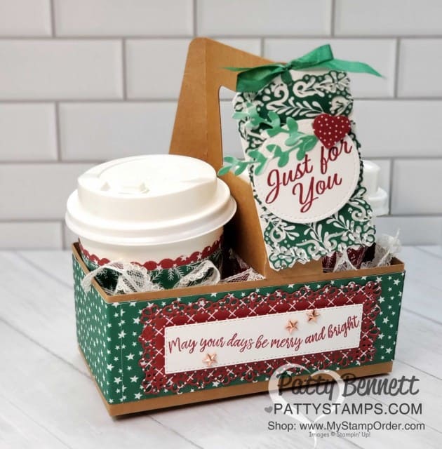 Mini Coffee Cup Carrier from Stampin' Up! with Classic Christmas designer paper and Curvy Celebrations bundle and mini coffee cups. by Patty Bennett www.PattyStamps.com