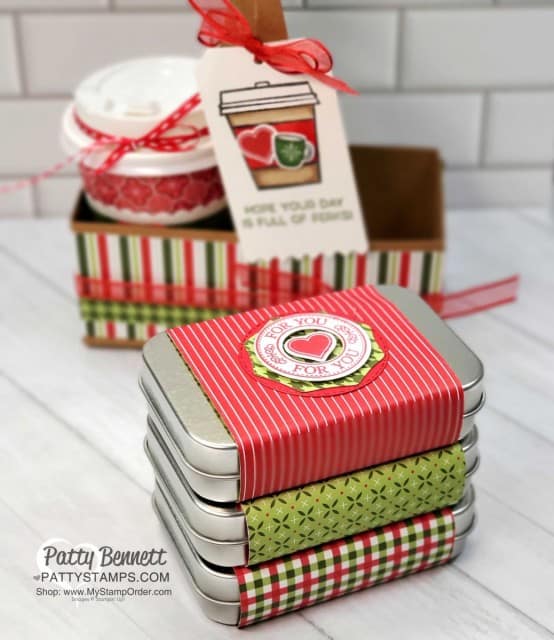 Mini Coffee Cup Carrier from Stampin' Up! with Heartwarming Hugs designer paper and decorated rectangle tins, by Patty Bennett www.PattyStamps.com