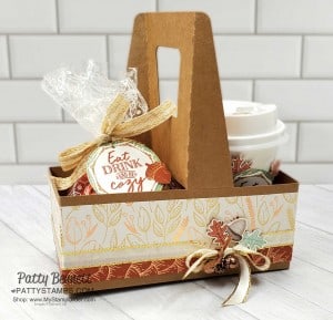 Mini Coffee Cup Carrier decorated with Stampin' Up! Gilded Autumn designer paper, Acorn Trinkets, and Autumn Punch pack images. Perfect for Thanksgiving hostess gift. www.PattyStamps.com