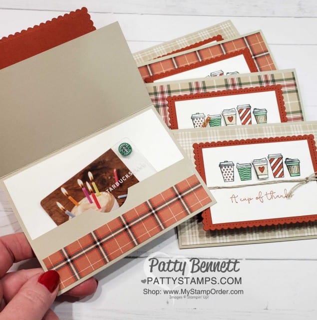 Starbucks Gift Card Holder idea featuring Stampin' Up! Press On coffee cup stamp set and Plaid Tidings designer paper. www.PattyStamps.com