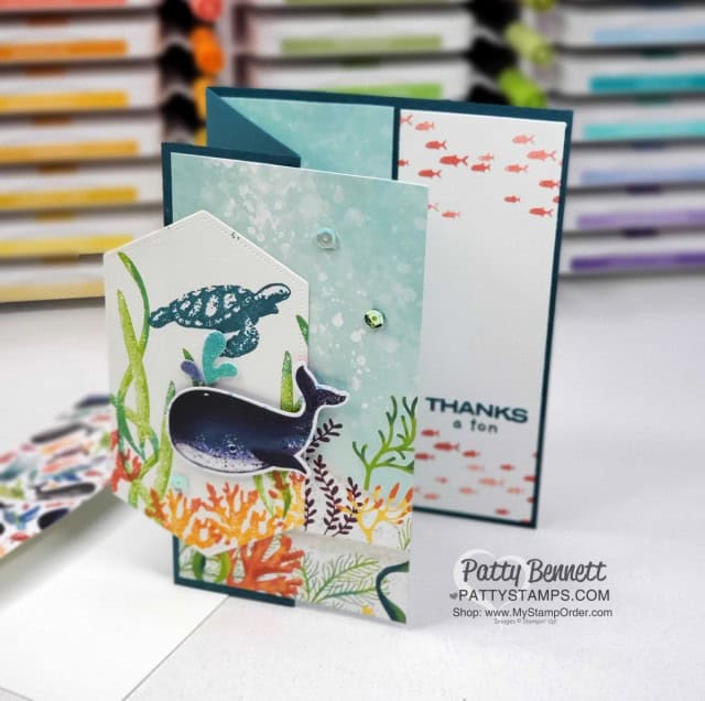Fun Fold Card dimensions for Whale of a Time card, Stampin' UP! papercrafting supplies. www.PattyStamps.com