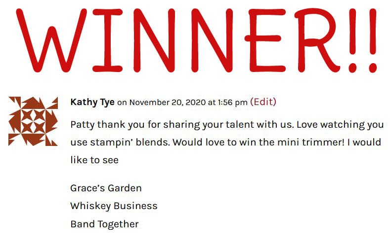 WINNER Stampin' UP! Mini Paper Cutter Blog Candy Give Away from Patty Bennett, www.PattyStamps.com expires 11-23-20