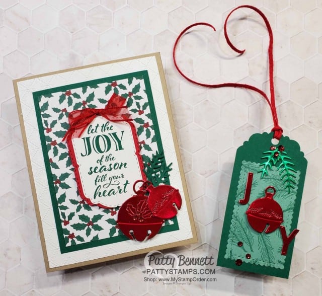 Cherish the Season bundle foil bells Christmas card and tag ideas featuring 'Tis the Season paper stack. www.PattyStamps.com