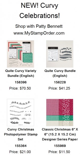 Curvy Celebrations card ideas, stamp set, dies and Curvy Christmas set with coordinating Classic Christmas paper. www.PattyStamps.com Quite Curvy Bundle #158396