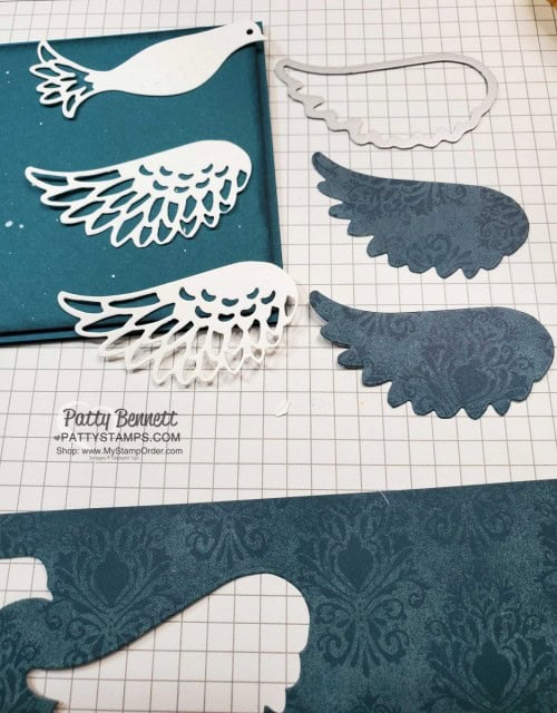 Simple Christmas Card idea featuring Stampin' Up! Dove of Hope bundle - die cut wings with Magic in this Night paper for a great shadow effect. www.PattyStamps.com