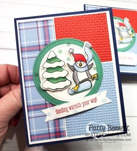 Freezin Fun Bundle from Stampin' Up! colored with Stampin' Blends markers and Wink of Stella glimmer pen!! Plaid Tidings and Wrapped in Texture embossing folder background is warm and cozy! www.PattyStamps.com