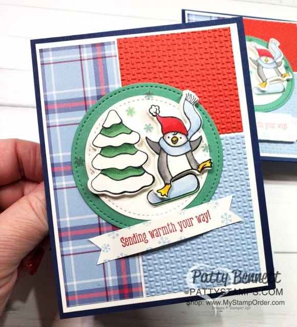Freezin Fun Bundle from Stampin' Up! colored with Stampin' Blends markers and Wink of Stella glimmer pen!! Plaid Tidings and Wrapped in Texture embossing folder background is warm and cozy! www.PattyStamps.com