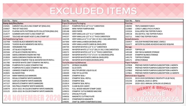 Excluded items from the Merry & Bright Online Extravaganza Stampin' UP! Nov. 2020 Sale. www.PattyStamps.com