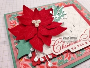 Red Velvet Poinsettia Dies Christmas Card Idea featuring Dainty Diamonds embossing folder and Flowers for Every Season Poinsettia paper. www.PattyStamps.com