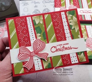 Scrappy Strip card technique Christmas Card Ideas featuring Stampin' Up! Tis the Season paper, Heartwarming Hugs paper and Poinsettia Place paper and Gift Bow Punch. www.PattyStamps.com