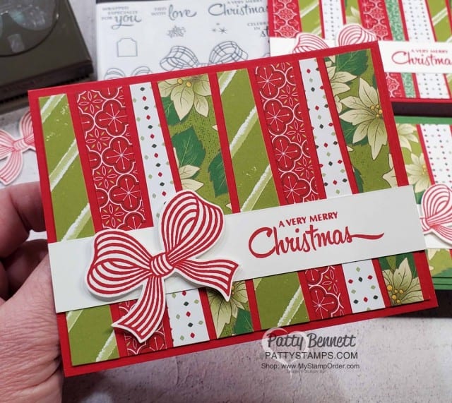 Scrappy Strip card technique Christmas Card Ideas featuring Stampin' Up! Tis the Season paper, Heartwarming Hugs paper and Poinsettia Place paper and Gift Bow Punch. www.PattyStamps.com