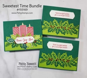 Holly and Berry Christmas card idea featuring Stampin' Up! Sweetest Time bundle. Wonderful Gems make perfect holly berries. www.PattyStamps.com