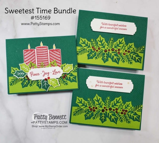 Holly and Berry Christmas card idea featuring Stampin' Up! Sweetest Time bundle. Wonderful Gems make perfect holly berries. www.PattyStamps.com