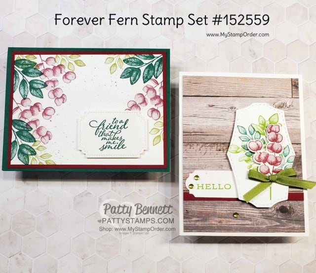 Forever Fern bundle card ideas featuring In Good Taste woodgrain paper. by Patty Bennett www.PattyStamps.com