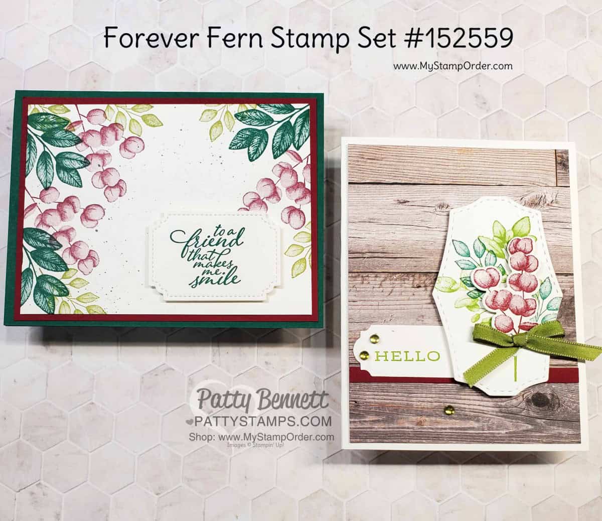 Forever Fern bundle card ideas featuring In Good Taste woodgrain paper. by Patty Bennett www.PattyStamps.com