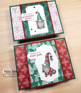 Stampin UP! Gnome for the Holidays Christmas cheer card ideas featuring Stampin Blends coloring and 'Tis the Season designer paper. www.PattyStamps.com