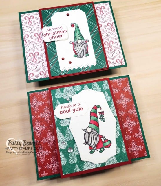 Stampin UP! Gnome for the Holidays Christmas cheer card ideas featuring Stampin Blends coloring and 'Tis the Season designer paper. www.PattyStamps.com