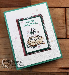 Stampin Up! Have a Hoot Merry Christmas card featuring Evergreen Forest embossing Folder. www.PattyStamps.com