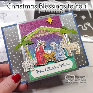 Christmas Card idea featuring Stampin' Up! Peaceful Nativity bundle, Rainbow Glimmer paper and Stampin' Blends marker coloring by Patty Bennett www.PattyStamps.com