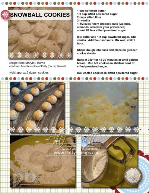 Snowball Cookie recipe from Marylou Burns to Patty Bennett. Favorite Christmas Cookies!