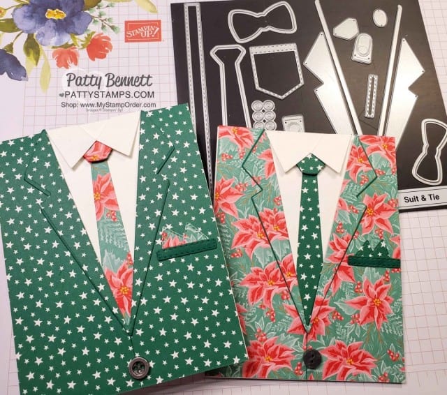 Suit and Tie die Not So Ugly Christmas Suit cards featuring Stampin' Up! Flowers for Every Season paper and Classic Christmas star pattern designer paper. www.PattyStamps.com