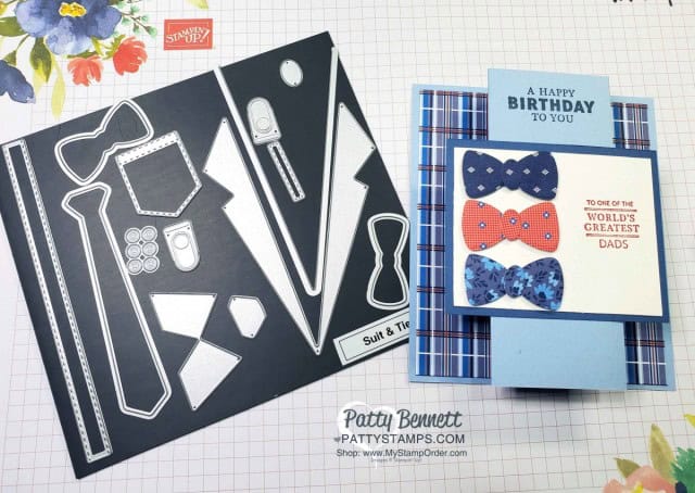 Well Suited fun fold card featuring die cut bow ties and Well Suited designer paper, by Patty Bennett www.PattyStamps.com