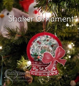 Shaker Christmas Ornament featuring Stampin' Up! Paper Pumpkin wreath, sequins and shaker domes, by Patty Bennett www.PattyStamps.com