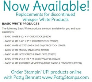 Now Available! Basic White cardstock, Note Cards and Envelopes to replace discontinued Stampin' UP! Whisper White. Shop: www.pattystamps.com