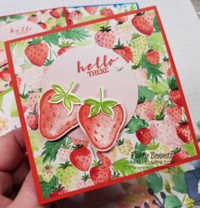 Sweet Strawberry bundle and Strawberry paper: Berry Delightful DSP: free gift with $100 order during Jan/Feb 2021 Sale-a-Bration. Card idea by Patty Bennett www.PattyStamps.com
