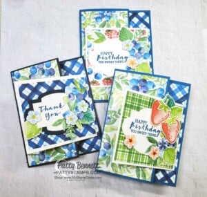Fun Fold Card idea featuring Stampin' Up! Sale-a-Bration Berry Blessings / Berry Delightful bundle and Sweet Strawberry bundle. Blueberry Plaid cards. www.PattyStamps.com