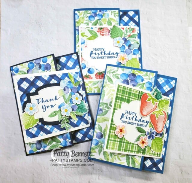 Fun Fold Card idea featuring Stampin' Up! Sale-a-Bration Berry Blessings / Berry Delightful bundle and Sweet Strawberry bundle. Blueberry Plaid cards. www.PattyStamps.com