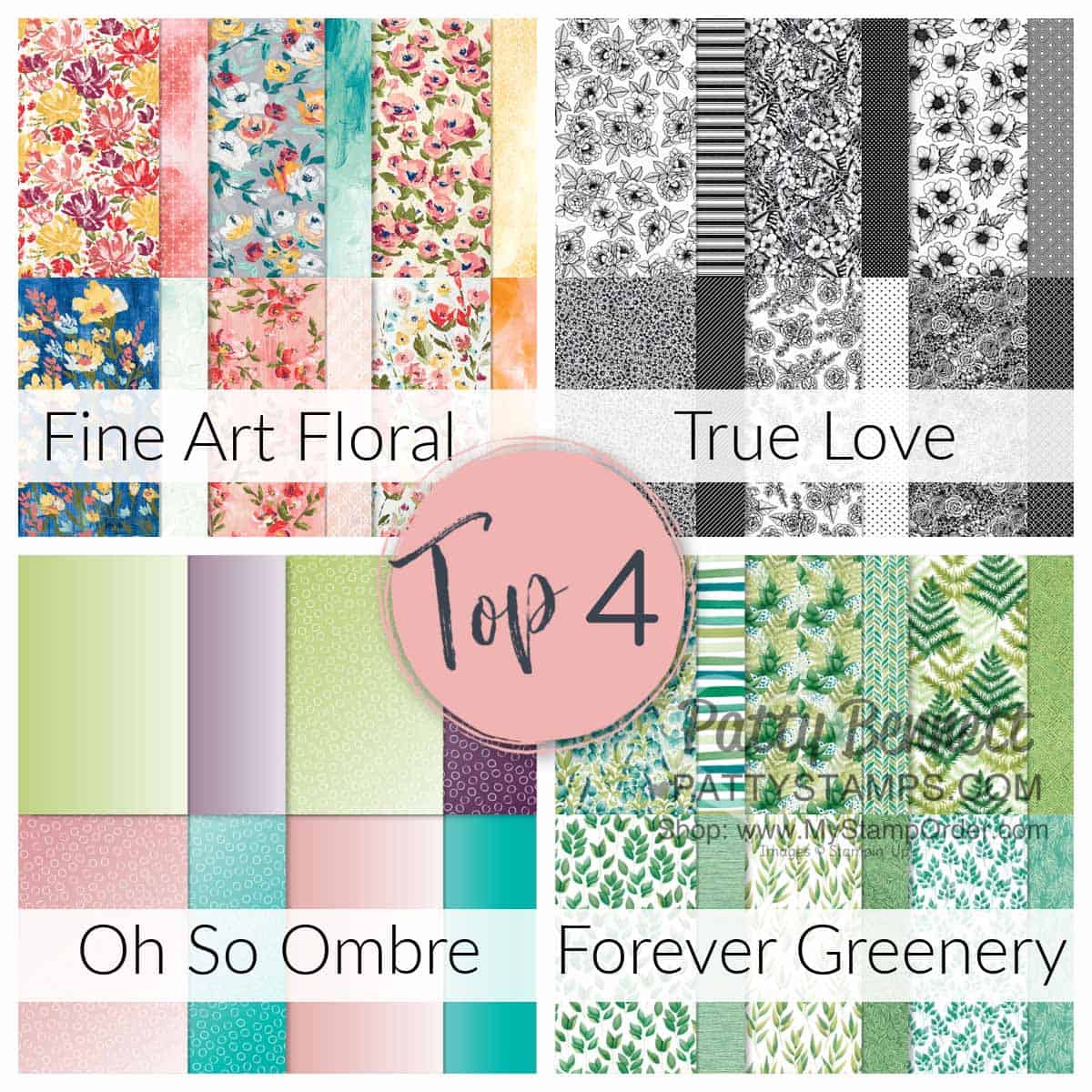 Top 4 choices in unofficial poll for favorite current Stampin Up! designer paper, www.PattyStamps.com