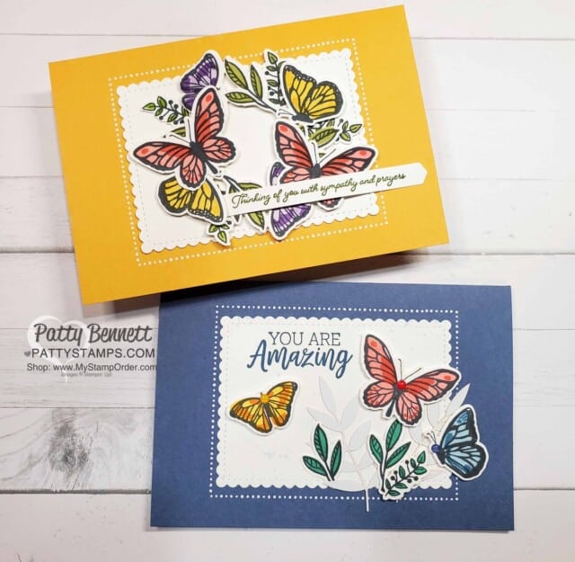 2 card ideas featuring Stampin' UP! Floating & Fluttering Bundle (stamp set & Dies) on Flowers for Every Season Memories & More card bases. www.PattyStamps.com