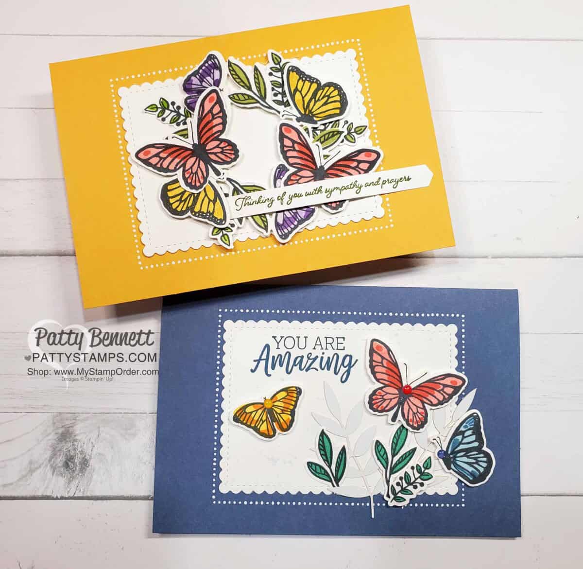 2 card ideas featuring Stampin' UP! Floating & Fluttering Bundle (stamp set & Dies) on Flowers for Every Season Memories & More card bases. www.PattyStamps.com