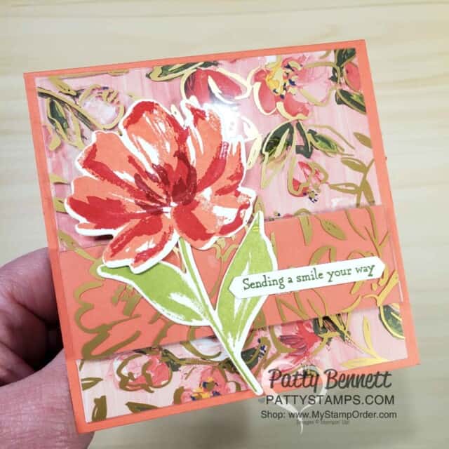 How to use the Golden Garden acetate overlay on Fine Art Floral designer paper to make a card with Calypso Coral cardstock! Stampin' UP! card making supplies, www.PattyStamps.com
