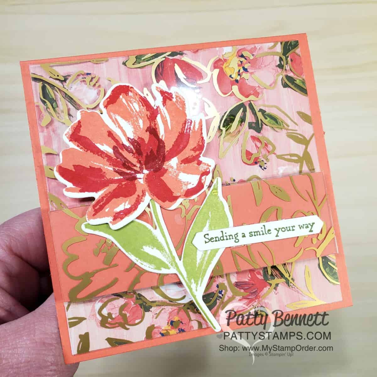 How to use the Golden Garden acetate overlay on Fine Art Floral designer paper to make a card with Calypso Coral cardstock! Stampin' UP! card making supplies, www.PattyStamps.com
