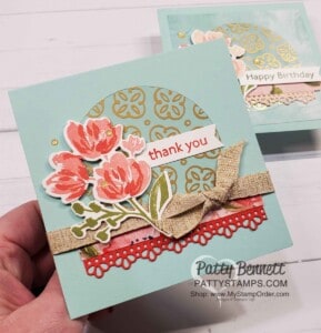 Square Thank You card idea featuring Stampin' Up! Golden Garden Specialty Acetate and Fine Art Floral suite / Art Gallery Bundle by Patty Bennett www.PattyStamps.com